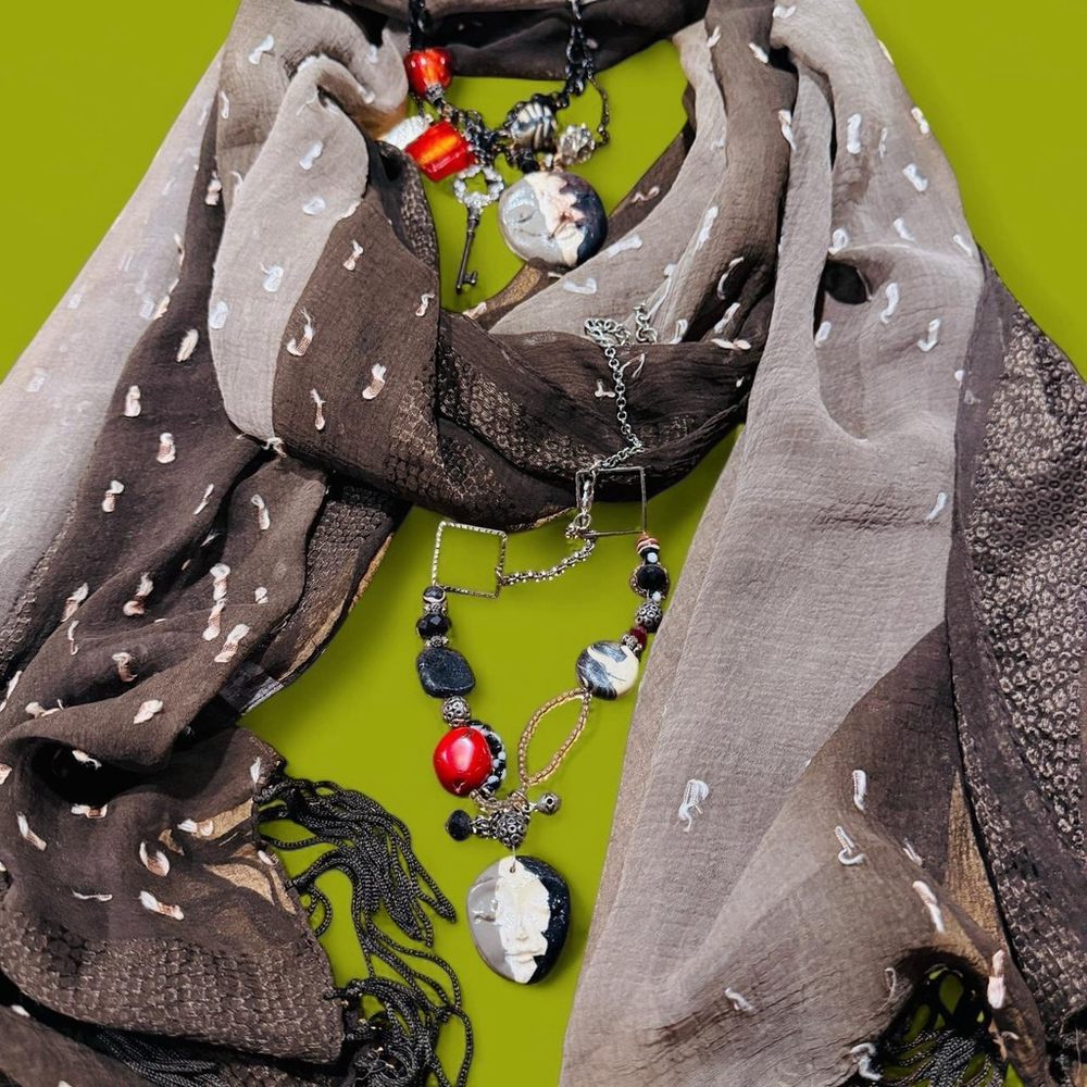 Boho Scarf Necklace Set Mixed Media Artisan Jewelry Bundle Brown Fringe Wrap